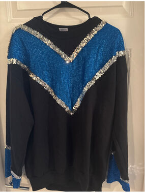 Vintage 80s 90s JERZEES Sequin Chevron Sweatshirt Black Blue XL Made in USA